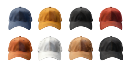 Set of baseball caps on a transparent background