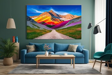 Stunning Mountain Trail Artwork with Bold Color Accents for Home Decor