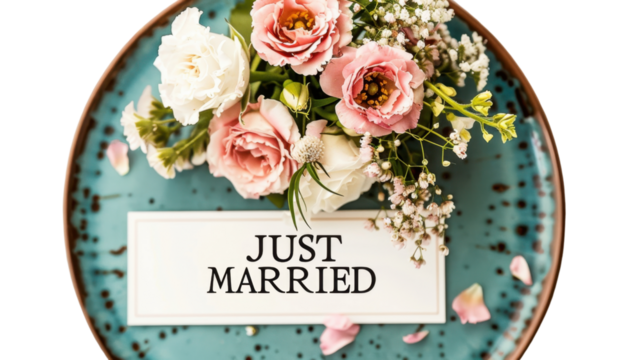 JUST MARRIED text and romantic flowers on transparent background