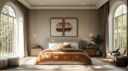 A  modern bedroom with large windows, a plush bed with a brown duvet, and a plush armchair with a throw blanket.