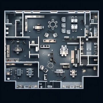 Overhead view of an office floorplan with furniture and layout.