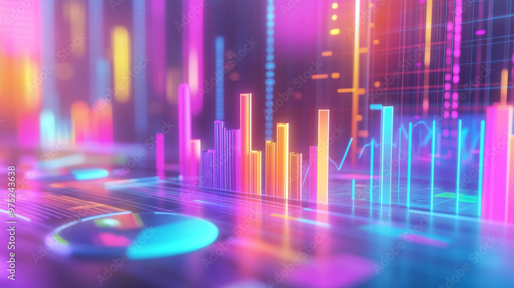 Poster colorful digital data visualization depicting vibrant graphs and charts in a modern setting