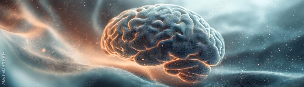 Poster an artistic representation of a brain surrounded by swirling clouds of color and light, symbolizing 