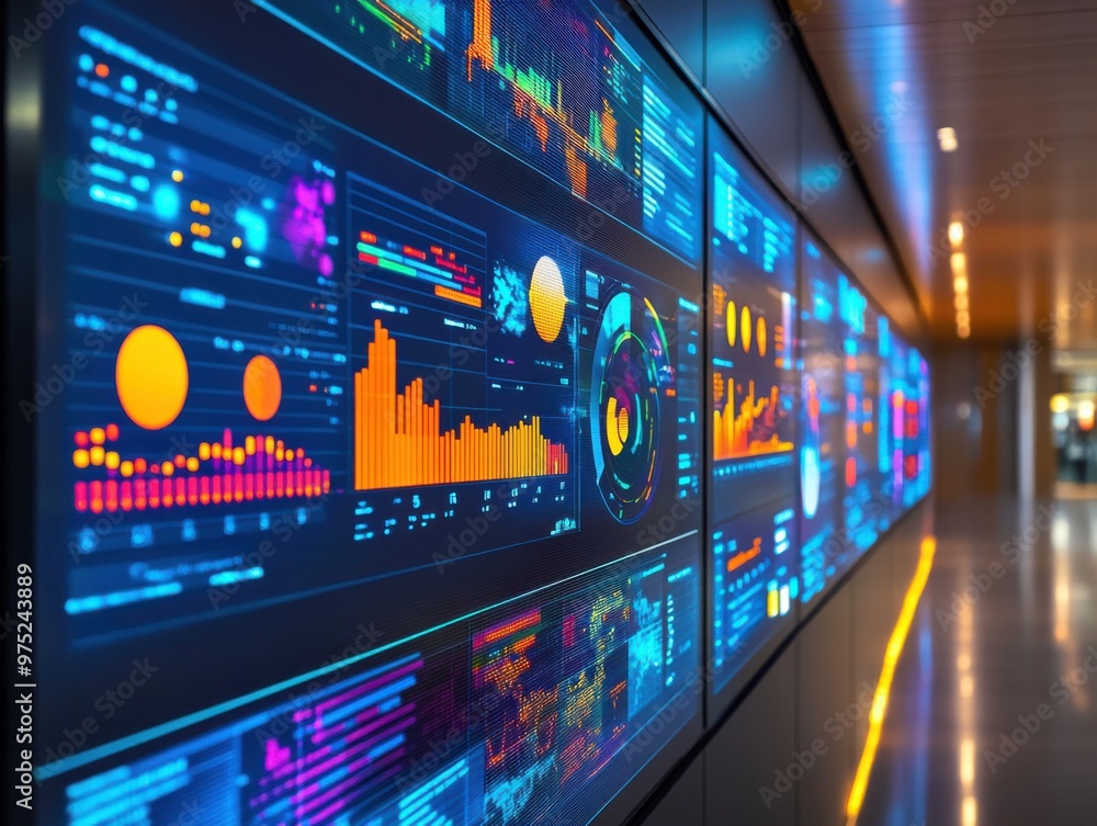 Poster futuristic infographic display: growth strategies and data insights on digital screen