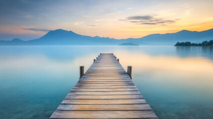 Obraz premium A serene wooden pier extending into a calm lake at sunrise, surrounded by mountains.