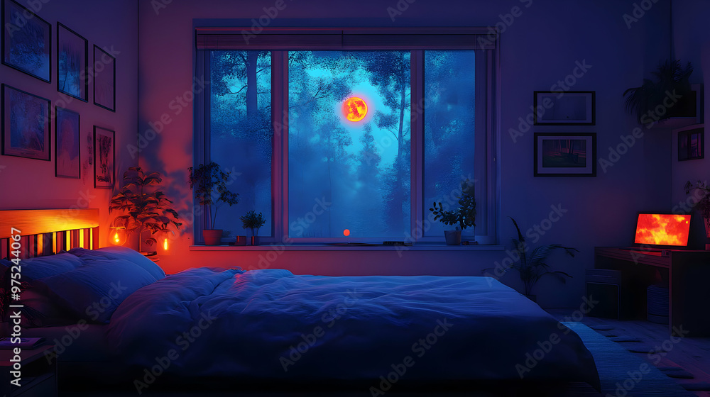 Poster a bedroom with a large window overlooking a forest and a full moon at night. the room is lit by a la