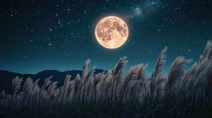Fototapeta premium Full moon and Japanese pampas grass in midnight,The harvest Miscanthus sinensis and full moon,beautiful night sky in the countryside with the perfect moon exudes beauty in the dark.