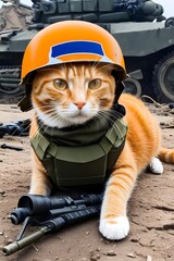 orange cat in world war 3 wearing protection armor. survival for fittest. Generative AI