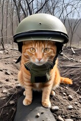orange cat in world war 3 wearing protection armor. survival for fittest. Generative AI