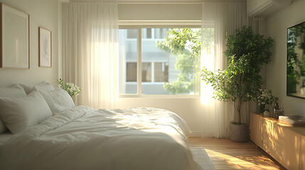 A bright and airy bedroom with a large window and a view of trees outside.