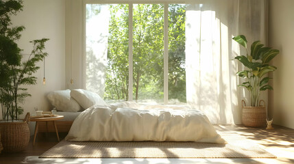 A bright and airy bedroom with a large window overlooking a lush green garden
