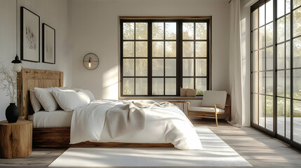 A bright and airy bedroom with a large window overlooking a lush green lawn and a comfortable bed with white linens.