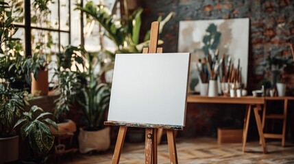 A blank canvas on an easel in a bright, plant-filled art studio.