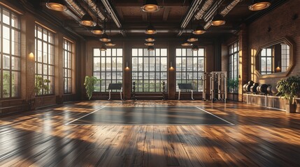 A photo of an empty boxing ring in a high-end gym, polished wood floors reflecting soft ambient lighting, clean white ropes framing the scene