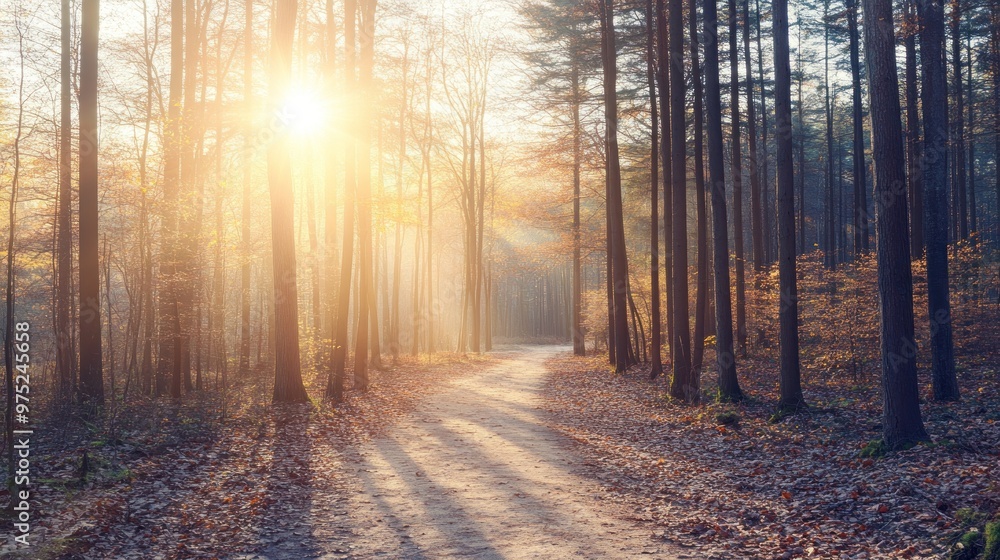 Canvas Prints A serene forest path illuminated by sunlight, evoking tranquility and nature's beauty.