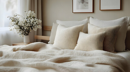 A close-up of a neatly made bed with white linen sheets, pillows, and a blanket, with a vase of white flowers on a bedside table.