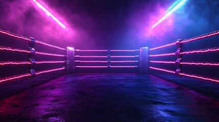 A photo of an empty boxing ring with ropes glowing under neon lights, giving a modern and edgy vibe to the scene, with deep purples and blues highlighting the space