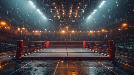 A photo of an empty boxing ring under bright stadium lights, with scattered sweat droplets on the...