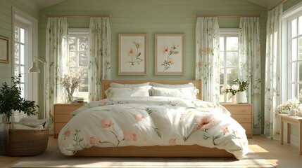 A cozy and bright bedroom with green walls, floral bedding, two windows with green curtains, a bedside table with a lamp and a vase with flowers, and a wicker basket on the floor.