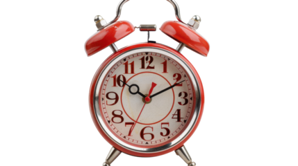 Red vintage alarm clock on transparent background