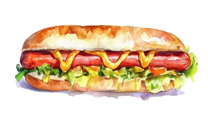 Watercolor of fresh american hot dog with mustard on color background,Social media templates,sale promotions on the Food menu,Fresh American classic hot dog with fragrant concept.