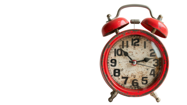 Red vintage alarm clock on transparent background