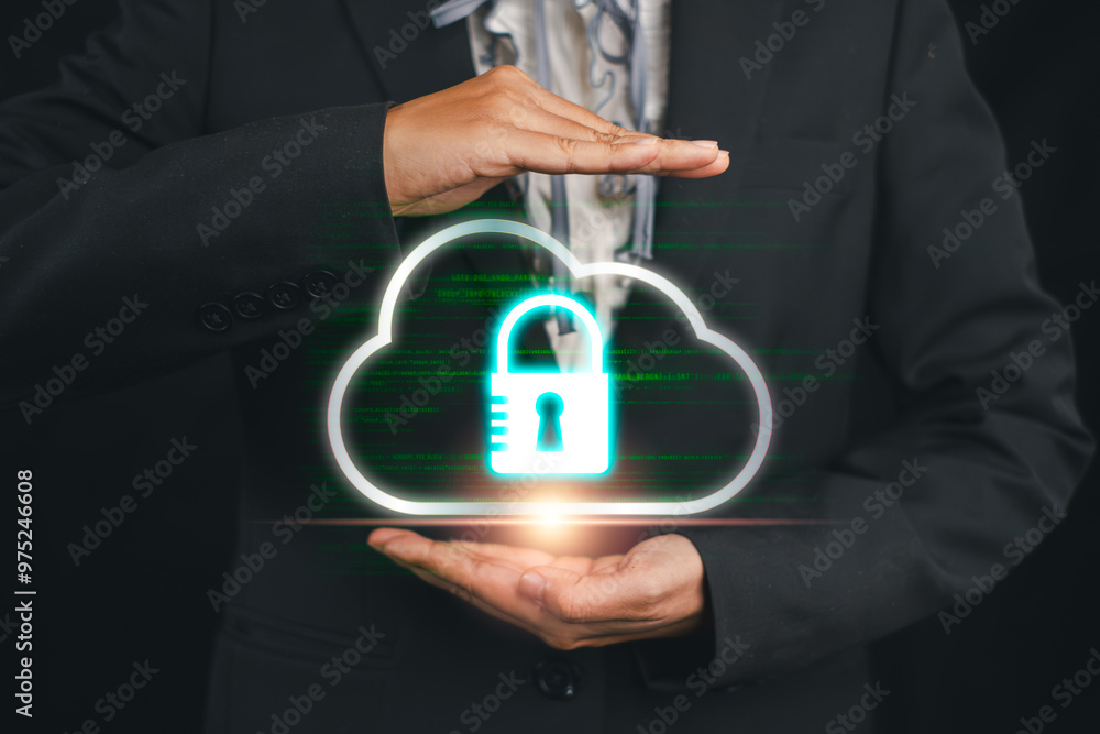 Poster visual representation of cyber security technology featuring a cloud and lock symbol, emphasizing da