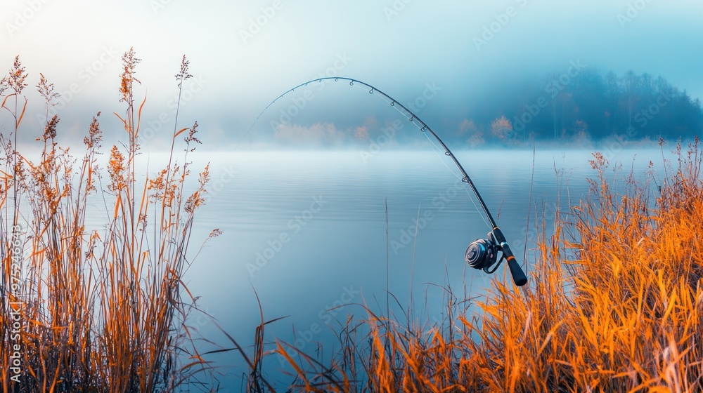 Sticker A fishing rod poised over a serene lake surrounded by misty landscapes and golden grasses.