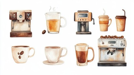 Artistic set of Watercolor coffee machines and coffee drinks isolated on brown background,hand-drawn vector,coffee cups and coffee beans,modern flat design,Fashionable and cute coffee motif concept.