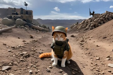 orange cat in world war 3 wearing protection armor. survival for fittest. Generative AI