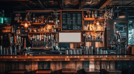 A cozy bar interior with a wooden counter and shelves filled with various beverages.