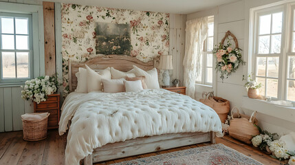 A cozy bedroom with a floral wallpaper, a white bed with a tufted headboard, and a large window. There are several flowers in the room.