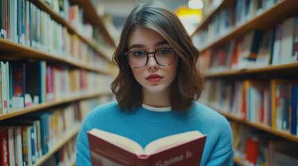 Young female customer reading a book in bookstore,Woman picking a book to reads a book while standing in a vibrant,Girl choosing what to read in bookstore,Education, studying concept