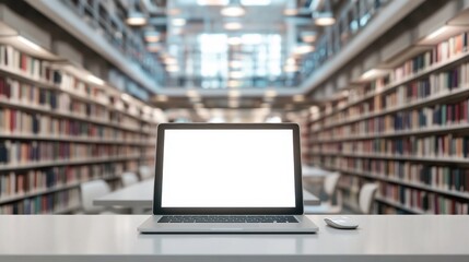 Laptop with blank screen on table in Modern library or bookstore interior with Learning and coworking space,relax zone,Library with rows of bookshelves,school or university,education concept.