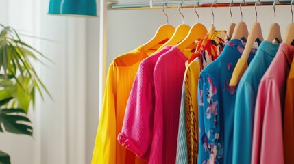 Obraz premium Colorful fashion Clothes on a clothing hanger,knitwear and hoodies on hangers,Minimal fashion clothes on a rack,Fashion blog, website, social media,store in shopping mall,sale online.