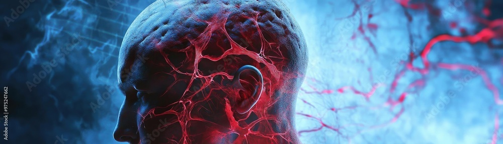 Poster An artistic representation of a human brain with glowing neural pathways, showcasing the complexity of cognition and thought processes.