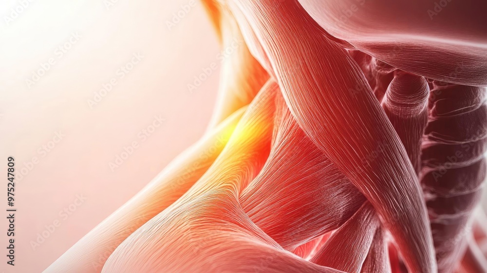 Poster close-up view of human muscle anatomy highlighting detailed structure and connection in a vibrant ar