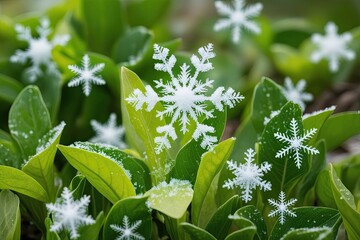 Obraz premium Snowflakes on Lush Green Leaves in Nature's Spring Awakening