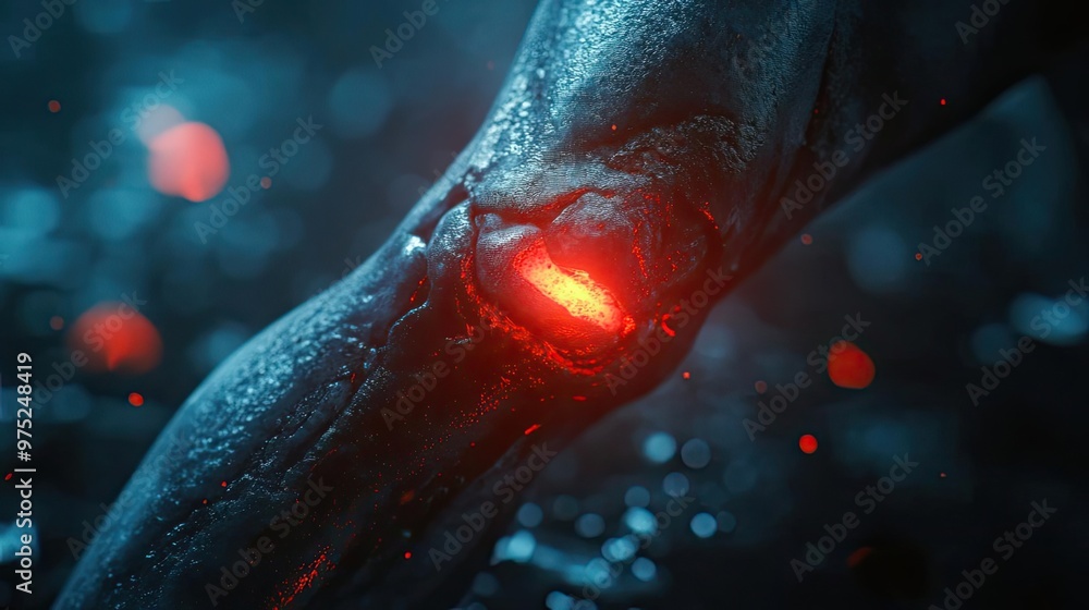 Poster a close-up view of a futuristic human knee joint, glowing with red light and surrounded by captivati