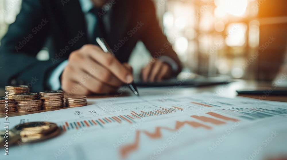 Poster diligent policy maker analyzing economic trends with data visualizations and coins on the desk