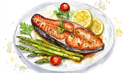 Watercolor Fried salmon steak and asparagus served on white plate on wooden table,Healthy baked fish salmon steaks,menu diet,Cooking a delicious low carb lunch, healthy nutrition,space for text.