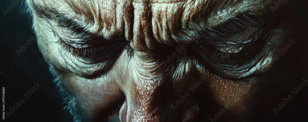 Aufkleber close-up of a thoughtful man's face, showcasing deep wrinkles and intense expression, capturing emot
