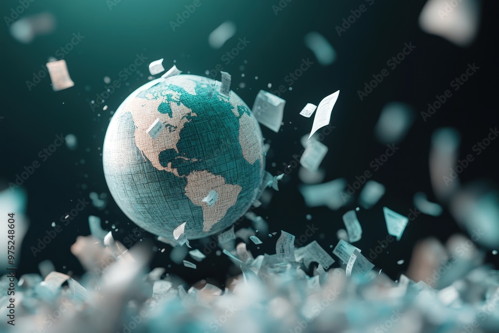 Aufkleber dynamic digital globe surrounded by papers symbolizing global information and connectivity