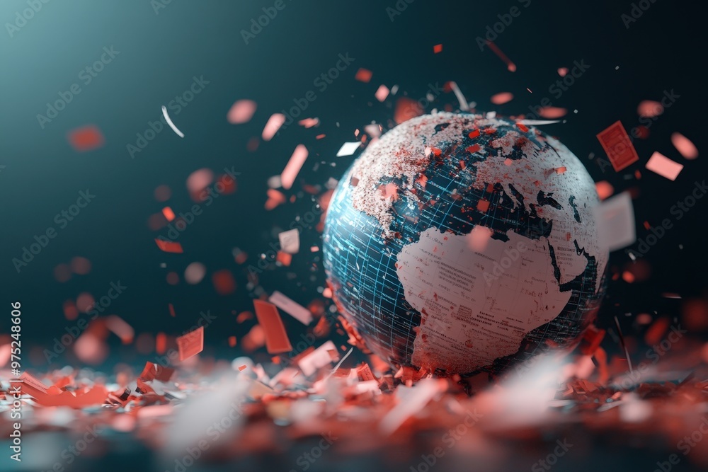 Aufkleber dynamic representation of a digital globe surrounded by fragments in a creative explosion