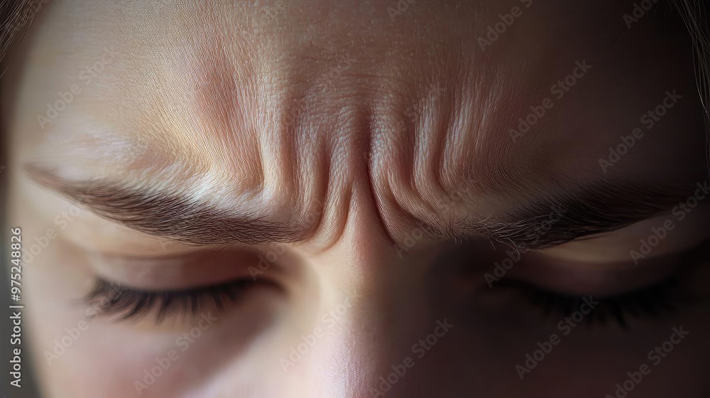 Poster close-up of a woman's forehead showing deep furrows and an expression of stress or concern.