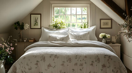 A cozy bedroom with a large bed, floral bedding, and a window overlooking a garden.