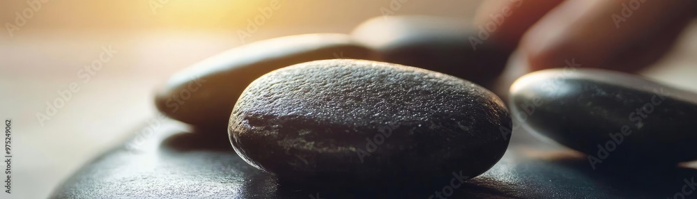 Poster Close-up view of smooth stones arranged in harmony, symbolizing tranquility and balance in a serene setting.
