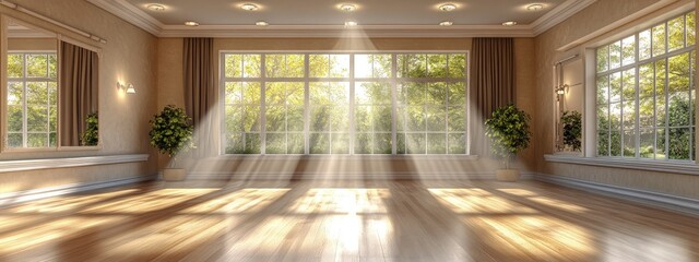 Dance studio with mirrors, students practicing ballet, instructor correcting posture, soft ambient lighting