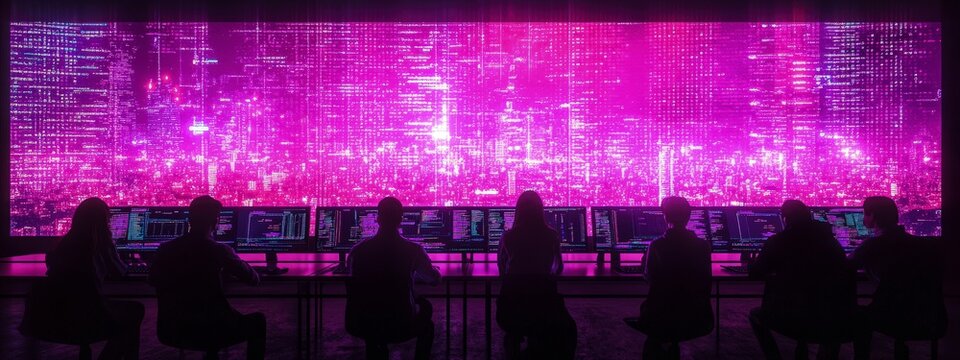 Coding class with students at computers, digital screens with programming languages, bright tech lab lighting