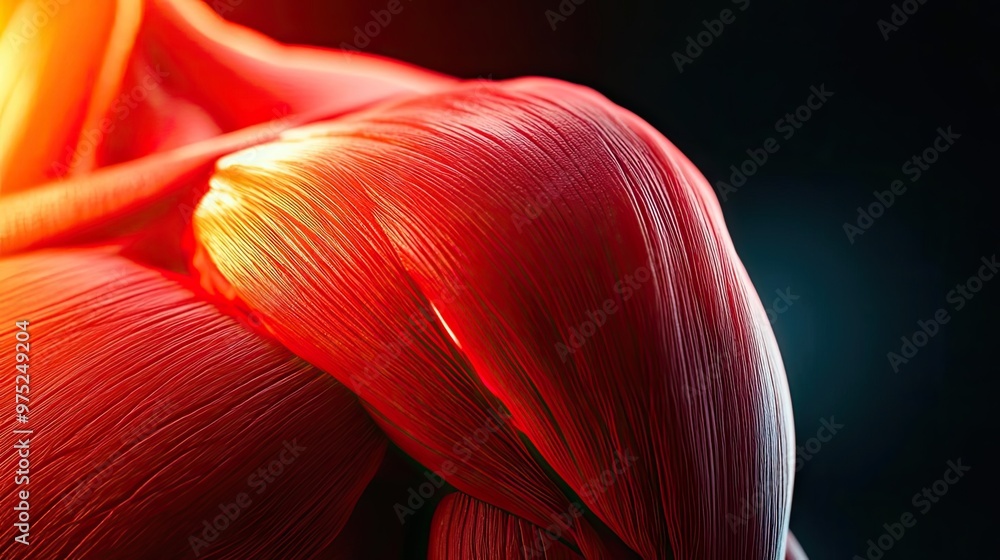 Poster close-up of vibrant red muscle texture showcasing intricate details and shadows against a dark backg
